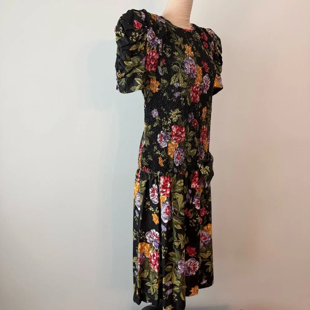 🌸🌼Phoebe Petite Black Floral Smocked Dress Drop Waist Bow Puff Sleeve Romantic - Picture 8 of 14